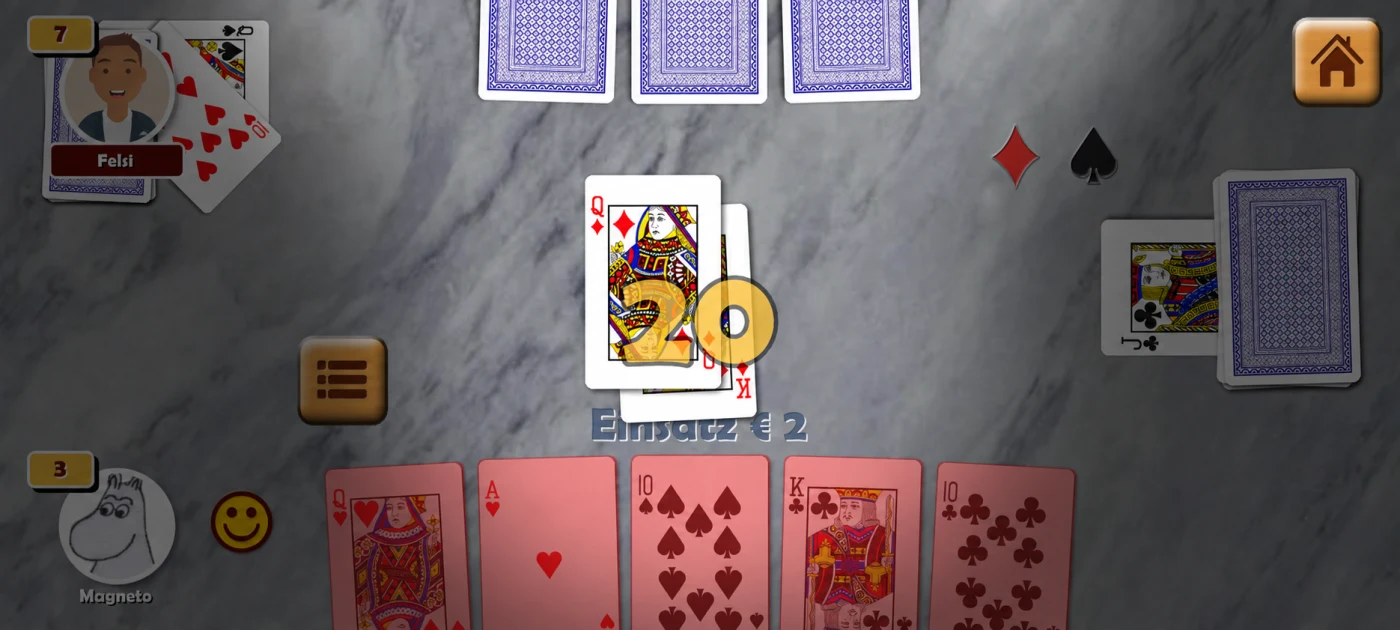 Schnopsn Cash game showing a Schnapsen match with French cards and a 20-point announcement